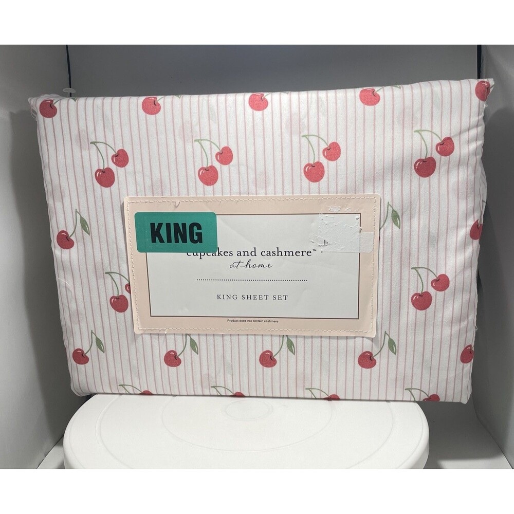Cupcakes & Cashmere King Sheet Set Cherry Print Pink Stripe 4 Pc Microfiber New